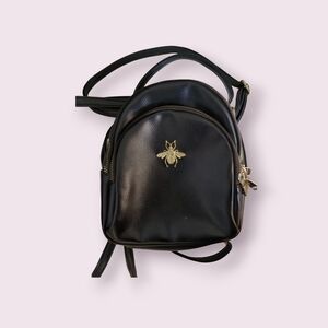 Black Leather Backpack with Gold Bee Accent